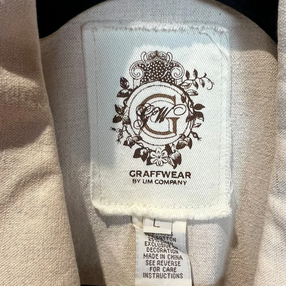 Graffwear Butterfly Graphic Safari Style Jacket Beige Linen Blend Button Up Sz L